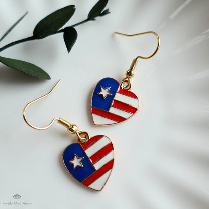 Patriotic Heart Earrings , Red White Blue American Flag Jewelry, USA 4th of July Dangle Earrings, Sensitive Ear & Clip-On Options