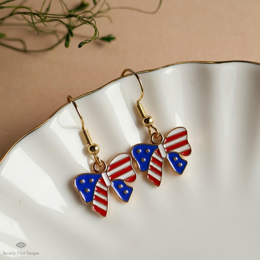 Patriotic Bow Earrings, American Flag Ribbon Jewelry, Red White Blue Dangle Earrings, Sensitive Ear & Clip-On Options