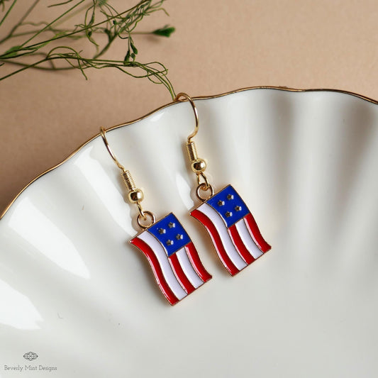 USA Earrings, American Flag Earrings, Red White Blue Dangle Jewelry, USA Patriotic Earrings, Sensitive Ear & Clip-On Options
