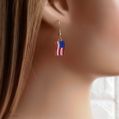 USA Earrings, American Flag Earrings, Red White Blue Dangle Jewelry, USA Patriotic Earrings, Sensitive Ear & Clip-On Options