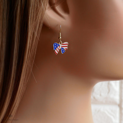Patriotic Bow Earrings, American Flag Ribbon Jewelry, Red White Blue Dangle Earrings, Sensitive Ear & Clip-On Options