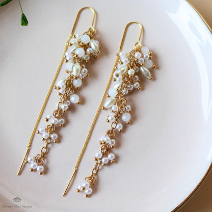 White Pearl Dangle Earrings Gold Chain Drop Earrings Bridal Statement Jewelry Handmade Elegant Gift for Her, Sensitive Ear & Clip-On Options