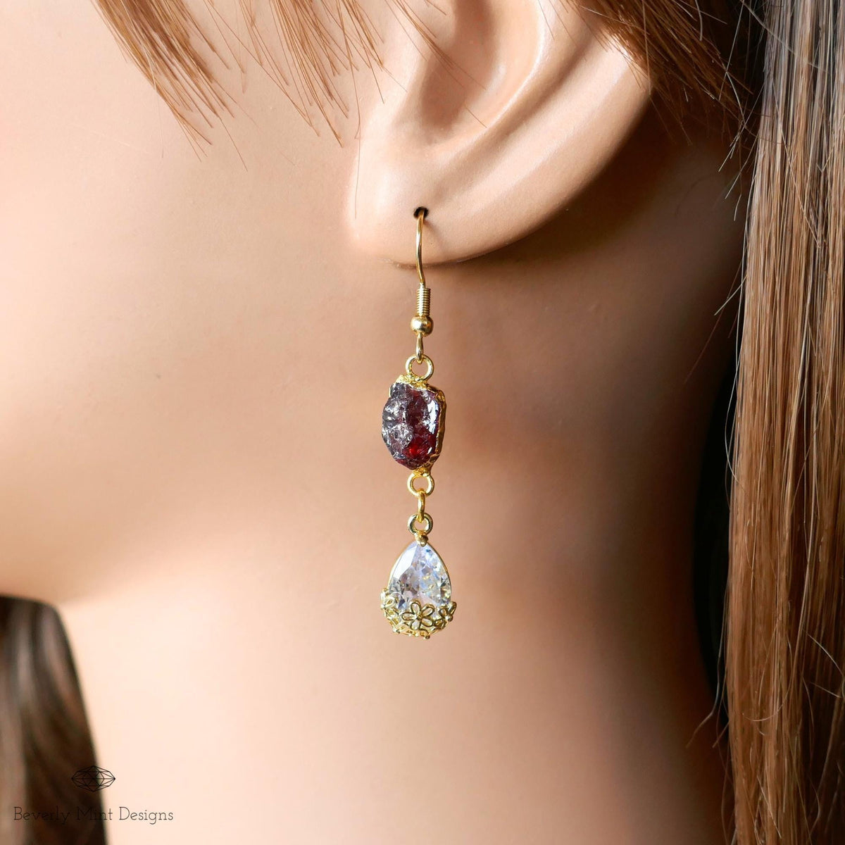Raw Garnet Crystal Earrings, Teardrop Dangle Earrings, Gold Boho Earrings, Natural Stone Earrings, Sensitive Ear & Clip-On Options