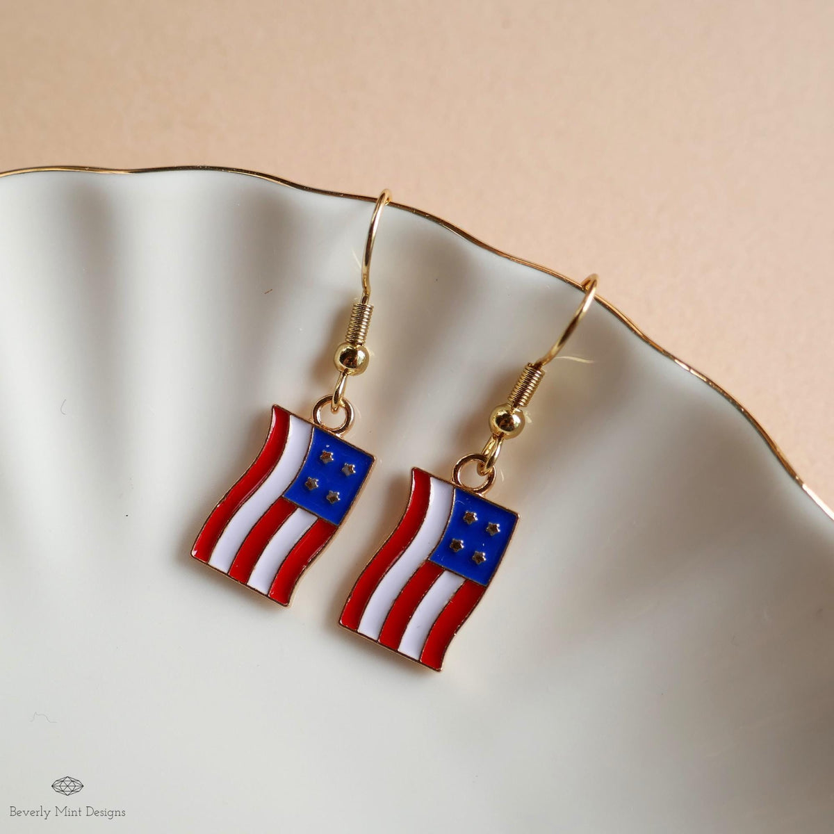 USA Earrings, American Flag Earrings, Red White Blue Dangle Jewelry, USA Patriotic Earrings, Sensitive Ear & Clip-On Options