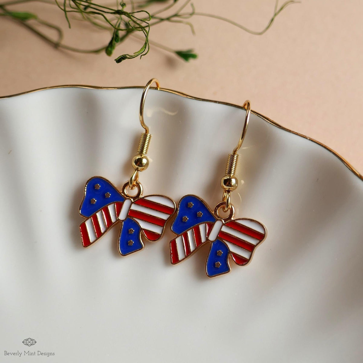 Patriotic Bow Earrings, American Flag Ribbon Jewelry, Red White Blue Dangle Earrings, Sensitive Ear & Clip-On Options