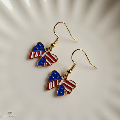 Patriotic Bow Earrings, American Flag Ribbon Jewelry, Red White Blue Dangle Earrings, Sensitive Ear & Clip-On Options