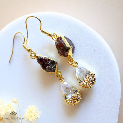 Raw Garnet Crystal Earrings, Teardrop Dangle Earrings, Gold Boho Earrings, Natural Stone Earrings, Sensitive Ear & Clip-On Options