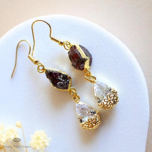 Raw Garnet Crystal Earrings, Teardrop Dangle Earrings, Gold Boho Earrings, Natural Stone Earrings, Sensitive Ear & Clip-On Options