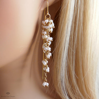 White Pearl Dangle Earrings Gold Chain Drop Earrings Bridal Statement Jewelry Handmade Elegant Gift for Her, Sensitive Ear & Clip-On Options