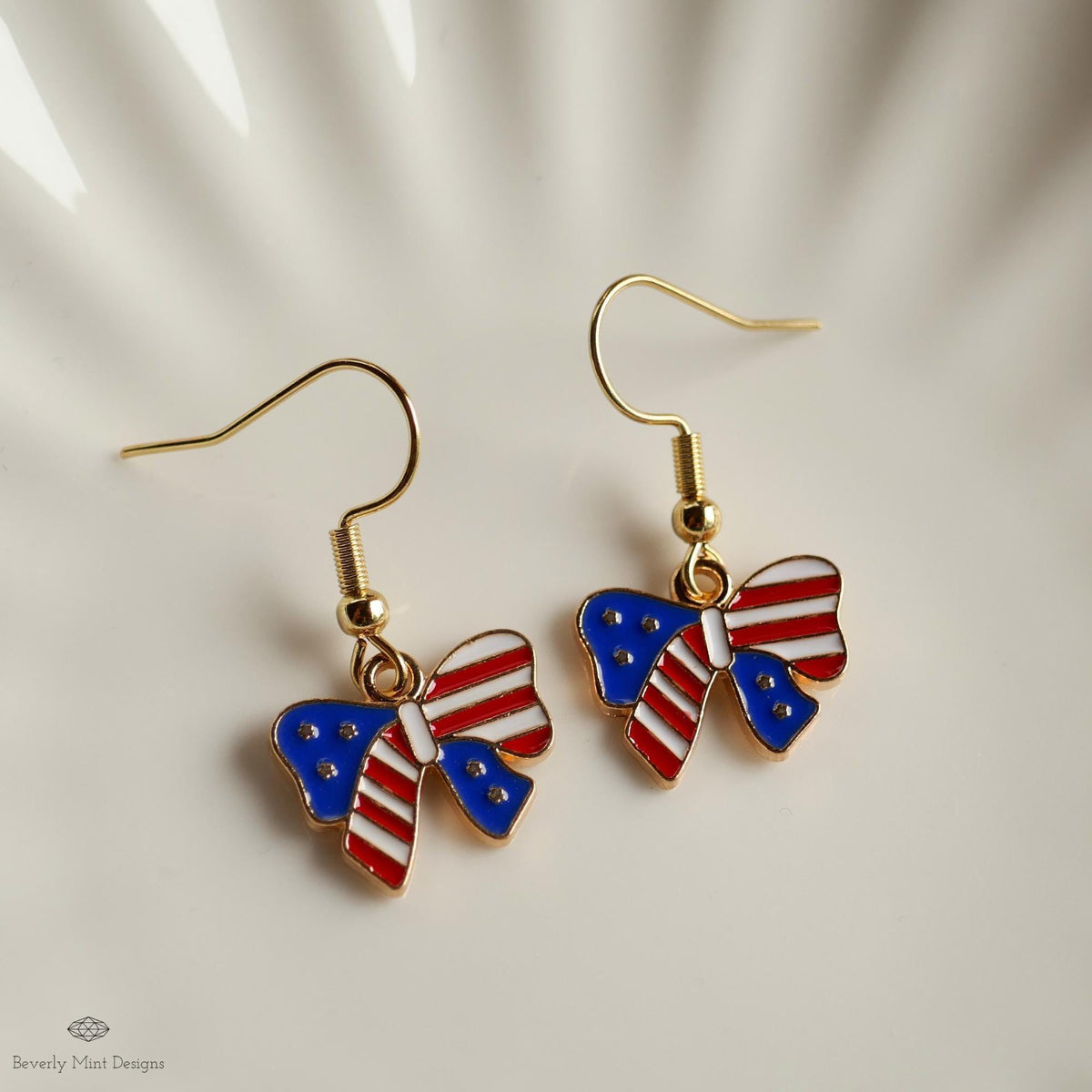 Patriotic Bow Earrings, American Flag Ribbon Jewelry, Red White Blue Dangle Earrings, Sensitive Ear & Clip-On Options
