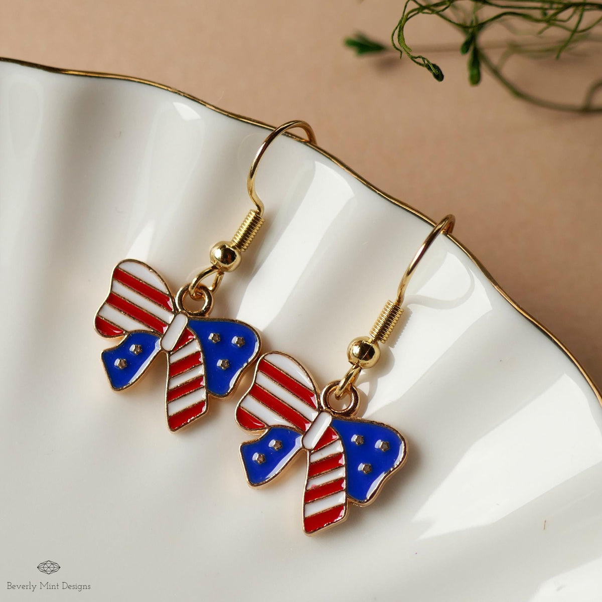 Patriotic Bow Earrings, American Flag Ribbon Jewelry, Red White Blue Dangle Earrings, Sensitive Ear & Clip-On Options