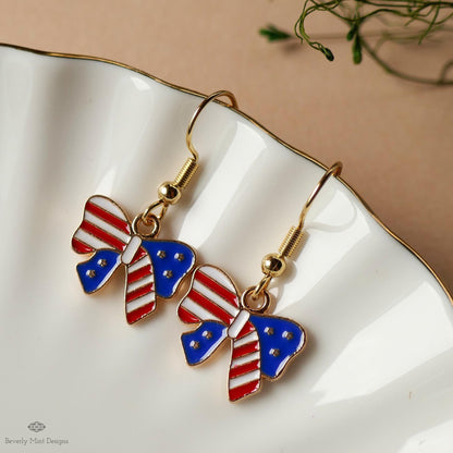 Patriotic Bow Earrings, American Flag Ribbon Jewelry, Red White Blue Dangle Earrings, Sensitive Ear & Clip-On Options