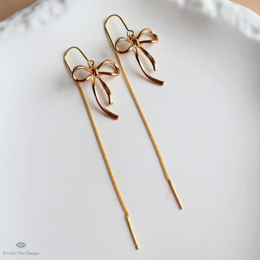 Gold Bow Threader Earrings, Dainty Long Drop Earrings, Minimalist Chain Earrings, Elegant Jewelry for Her, Sensitive Ear & Clip-On Options