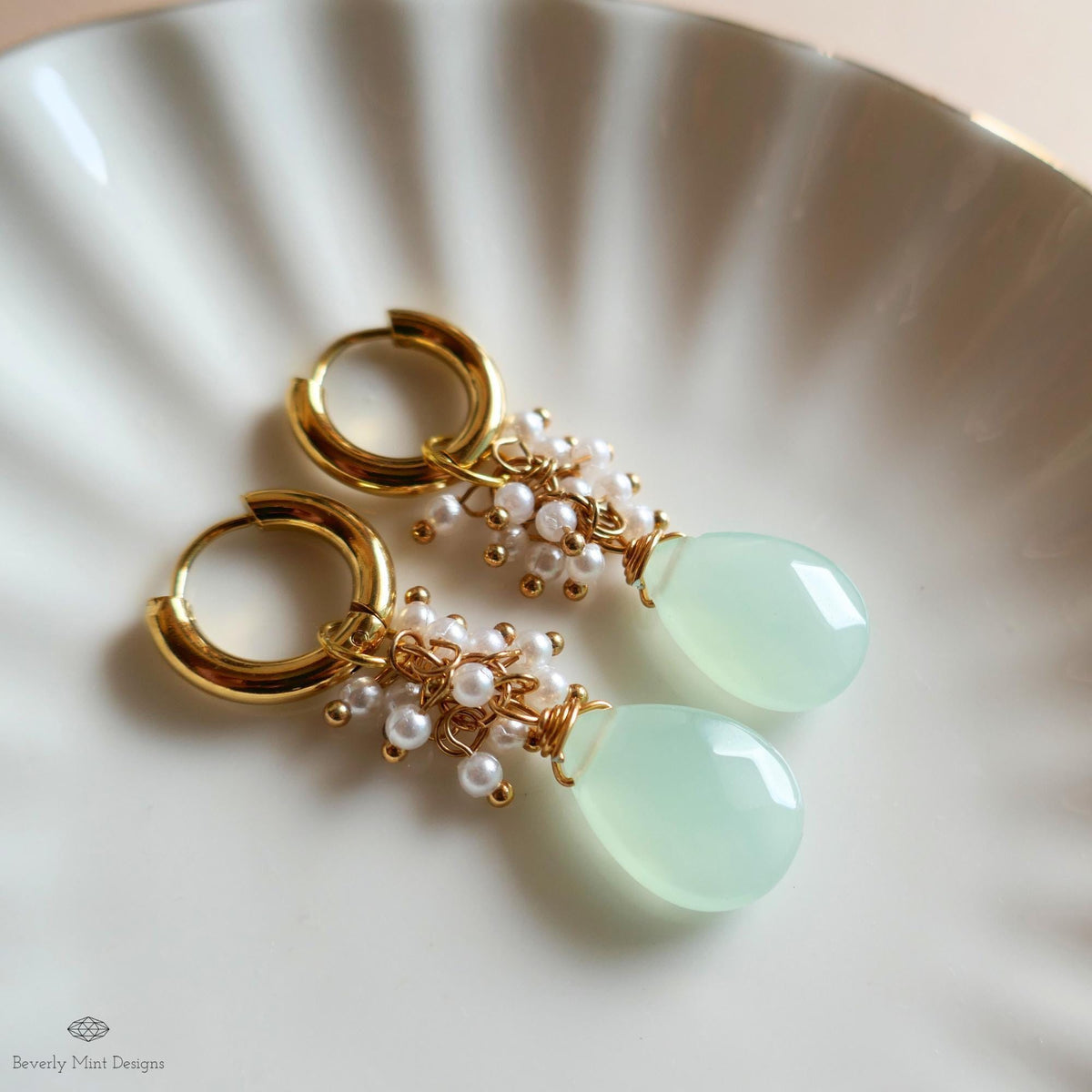Green chalcedony drop earrings with pearls, Chunky gold hoop earrings, bridal jewelry