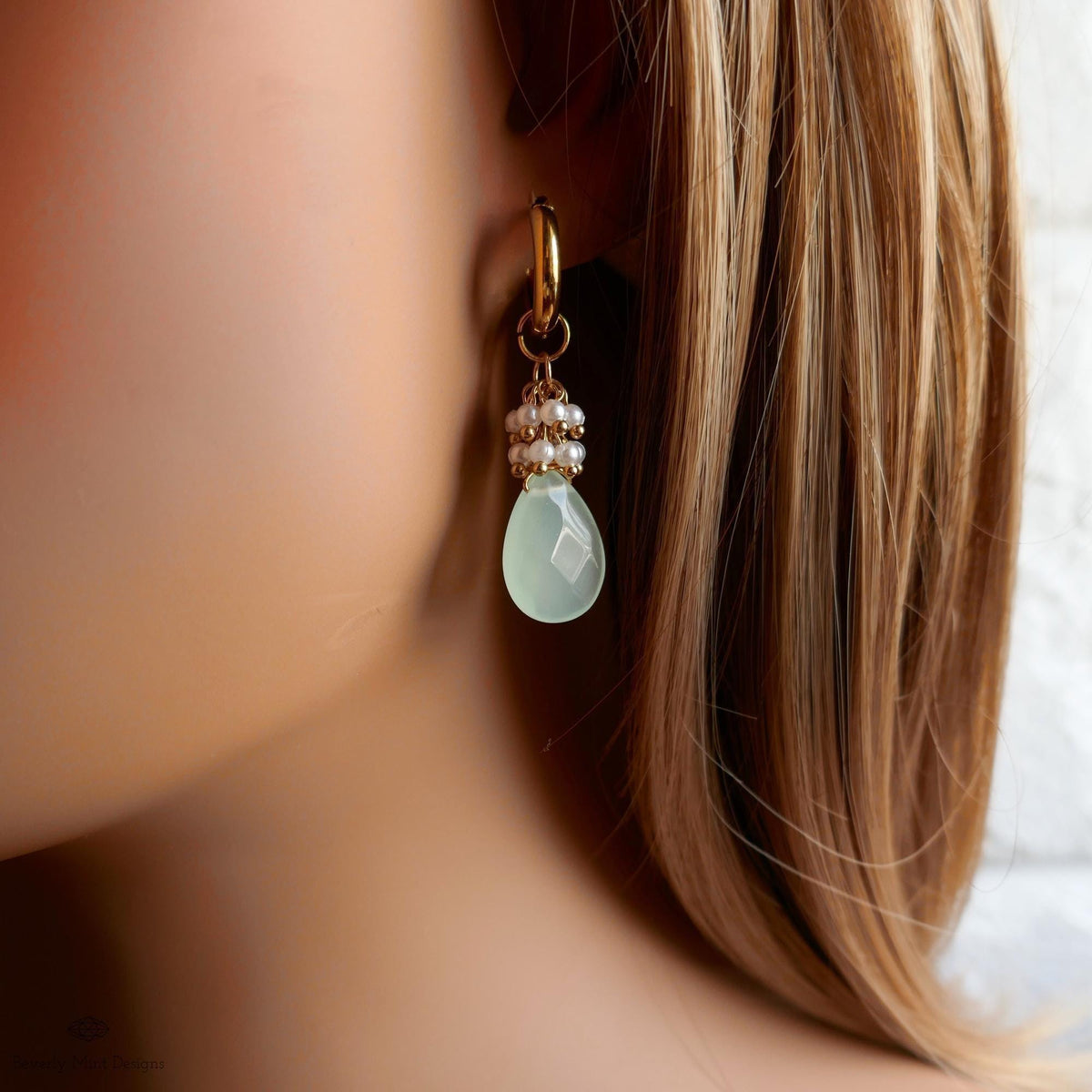 Green chalcedony drop earrings with pearls, Chunky gold hoop earrings, bridal jewelry