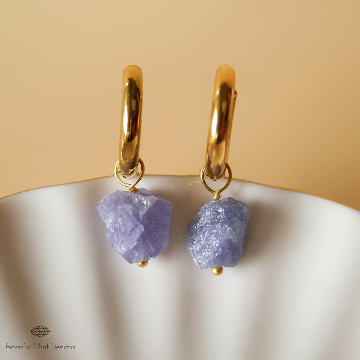 Raw Tanzanite Stone Earrings, 18K Gold Huggie Hoop Earrings with December Birthstone, Blue Earrings, Lavender/Lilac Stone  , Chakra Stone