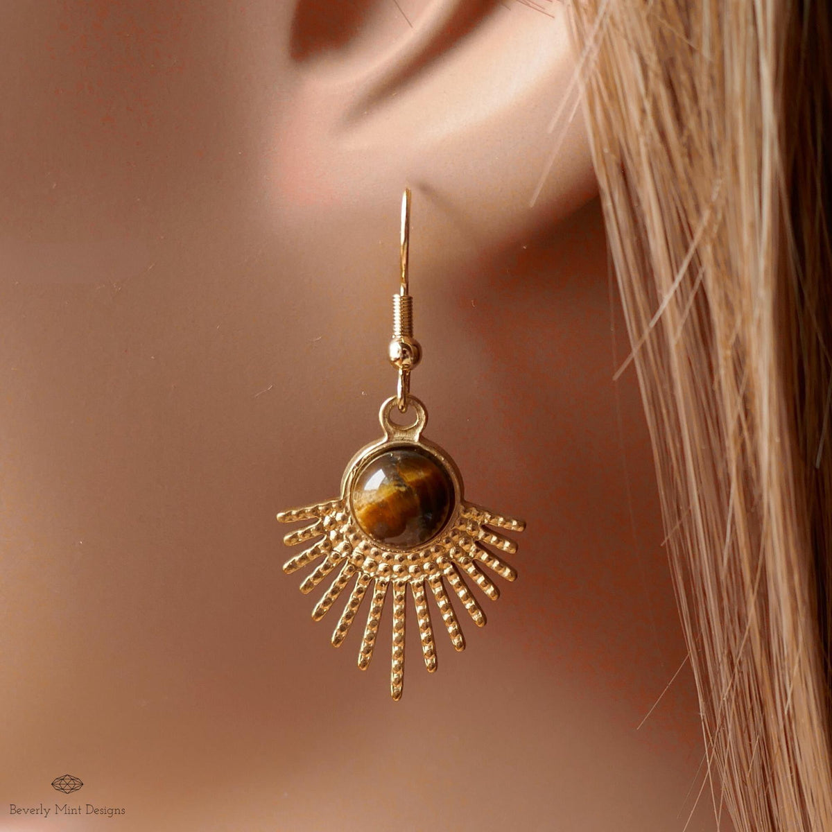 Sun Earrings, Tiger and #39;s Eye Sunburst Earrings , Gold Dangle Natural stone Jewelry, Sensitive Ear & Clip-On Options
