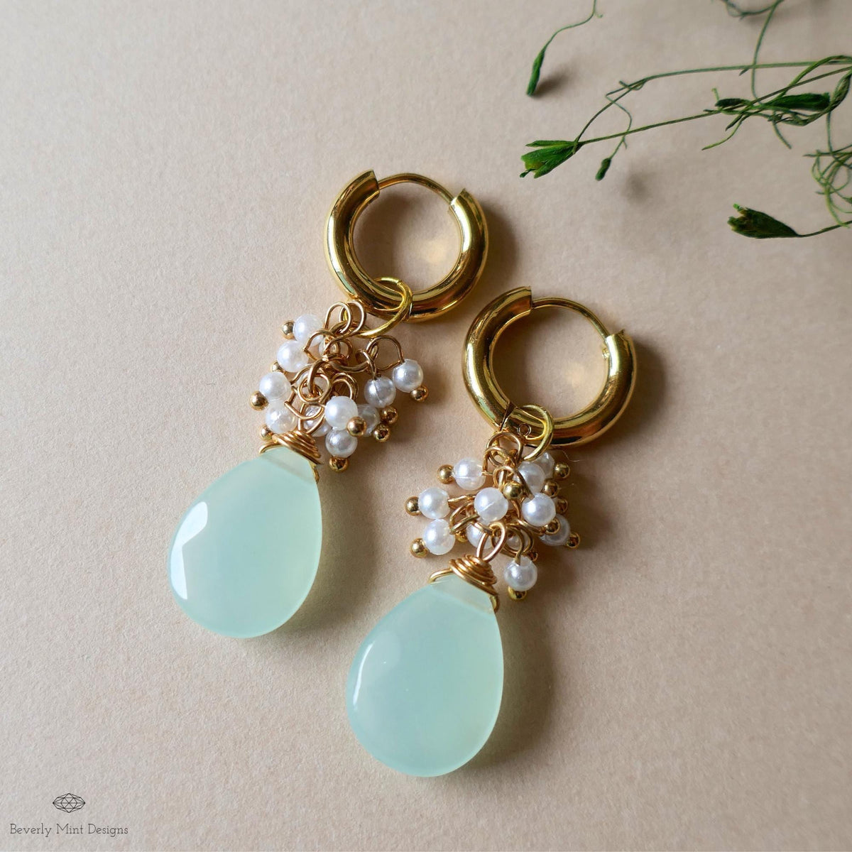 Green chalcedony drop earrings with pearls, Chunky gold hoop earrings, bridal jewelry