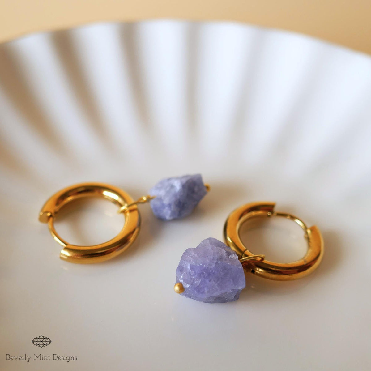 Raw Tanzanite Stone Earrings, 18K Gold Huggie Hoop Earrings with December Birthstone, Blue Earrings, Lavender/Lilac Stone  , Chakra Stone