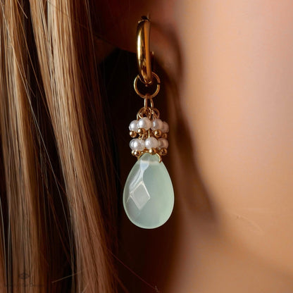 Green chalcedony drop earrings with pearls, Chunky gold hoop earrings, bridal jewelry