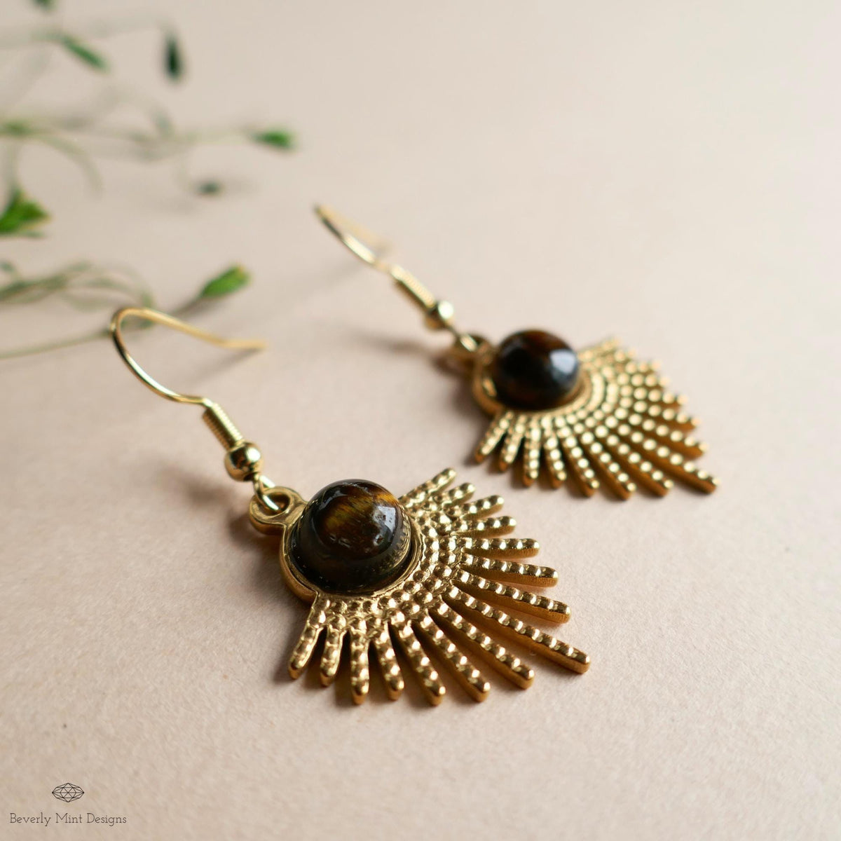 Sun Earrings, Tiger and #39;s Eye Sunburst Earrings , Gold Dangle Natural stone Jewelry, Sensitive Ear & Clip-On Options