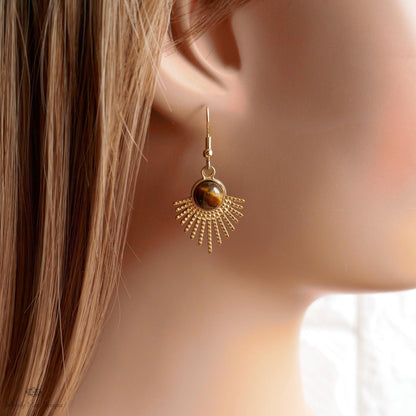 Sun Earrings, Tiger and #39;s Eye Sunburst Earrings , Gold Dangle Natural stone Jewelry, Sensitive Ear & Clip-On Options