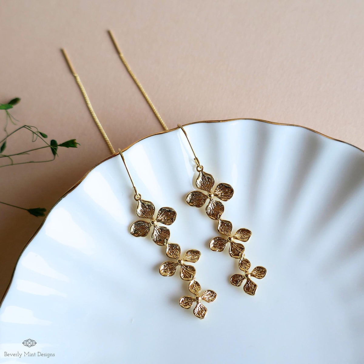 Gold Flower Threader Earrings, Long Dangle Earrings, Delicate Floral Jewelry, Lightweight Drop Earrings, Sensitive Ear & Clip-On Options