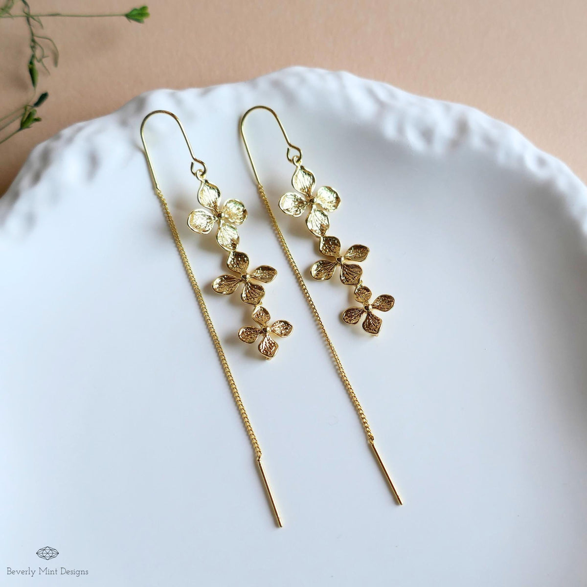 Gold Flower Threader Earrings, Long Dangle Earrings, Delicate Floral Jewelry, Lightweight Drop Earrings, Sensitive Ear & Clip-On Options