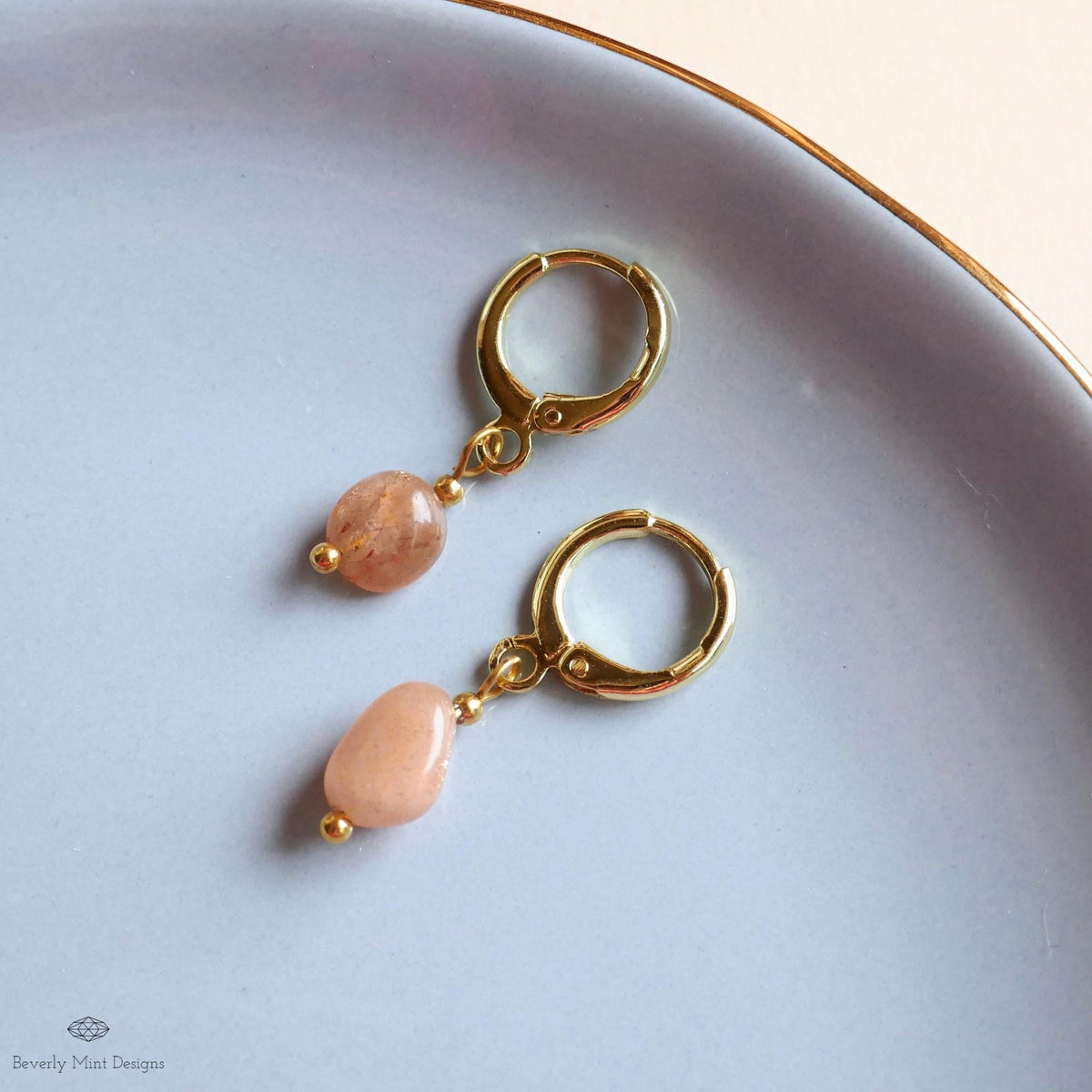 Gold Huggie Hoop Earrings, Sunstone Drop Earrings, Peach Gemstone Jewelry, Dainty Gold Hoops, Minimalist, Sensitive Ear & Clip-On Options
