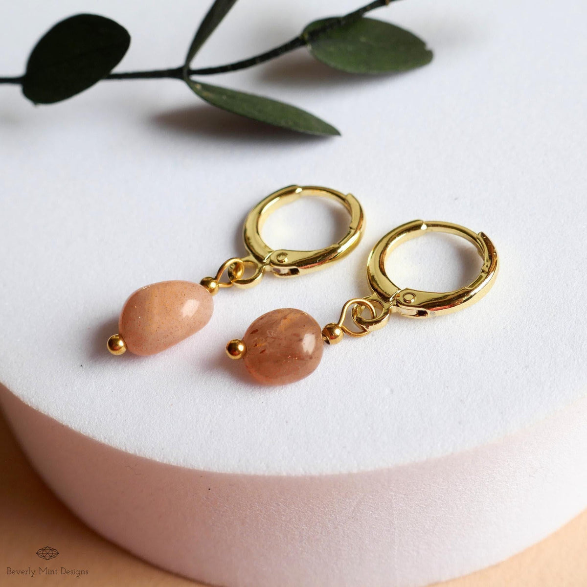 Gold Huggie Hoop Earrings, Sunstone Drop Earrings, Peach Gemstone Jewelry, Dainty Gold Hoops, Minimalist, Sensitive Ear & Clip-On Options