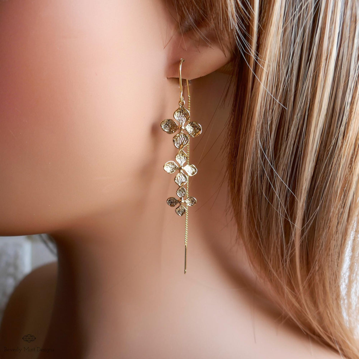 Gold Flower Threader Earrings, Long Dangle Earrings, Delicate Floral Jewelry, Lightweight Drop Earrings, Sensitive Ear & Clip-On Options
