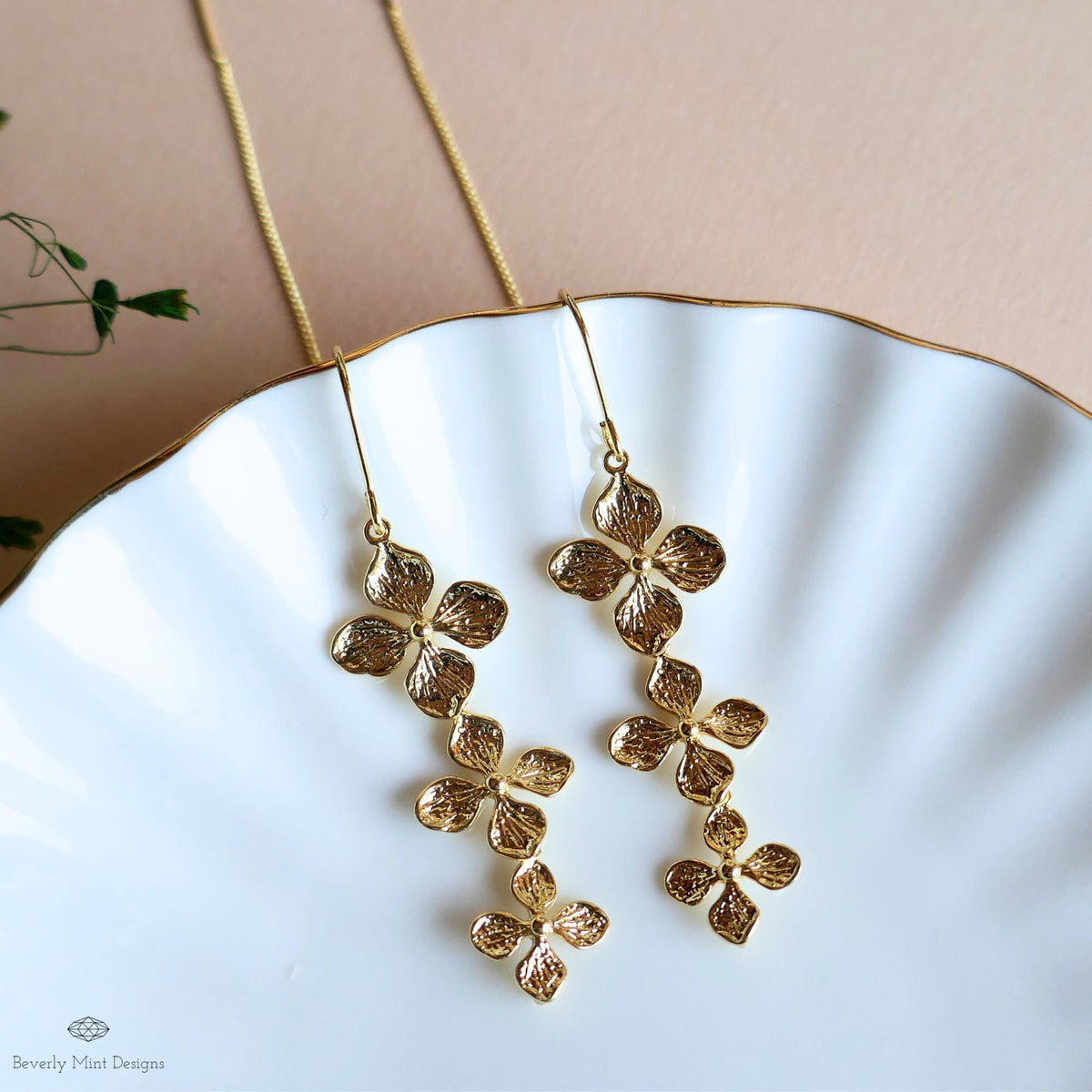 Gold Flower Threader Earrings, Long Dangle Earrings, Delicate Floral Jewelry, Lightweight Drop Earrings, Sensitive Ear & Clip-On Options