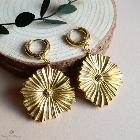 Gold Flower Statement Hoop Earrings, Elegant Weighty Floral Huggie Earrings, Bold Dangle Earrings with Heft,  Nature Inspired Jewelry