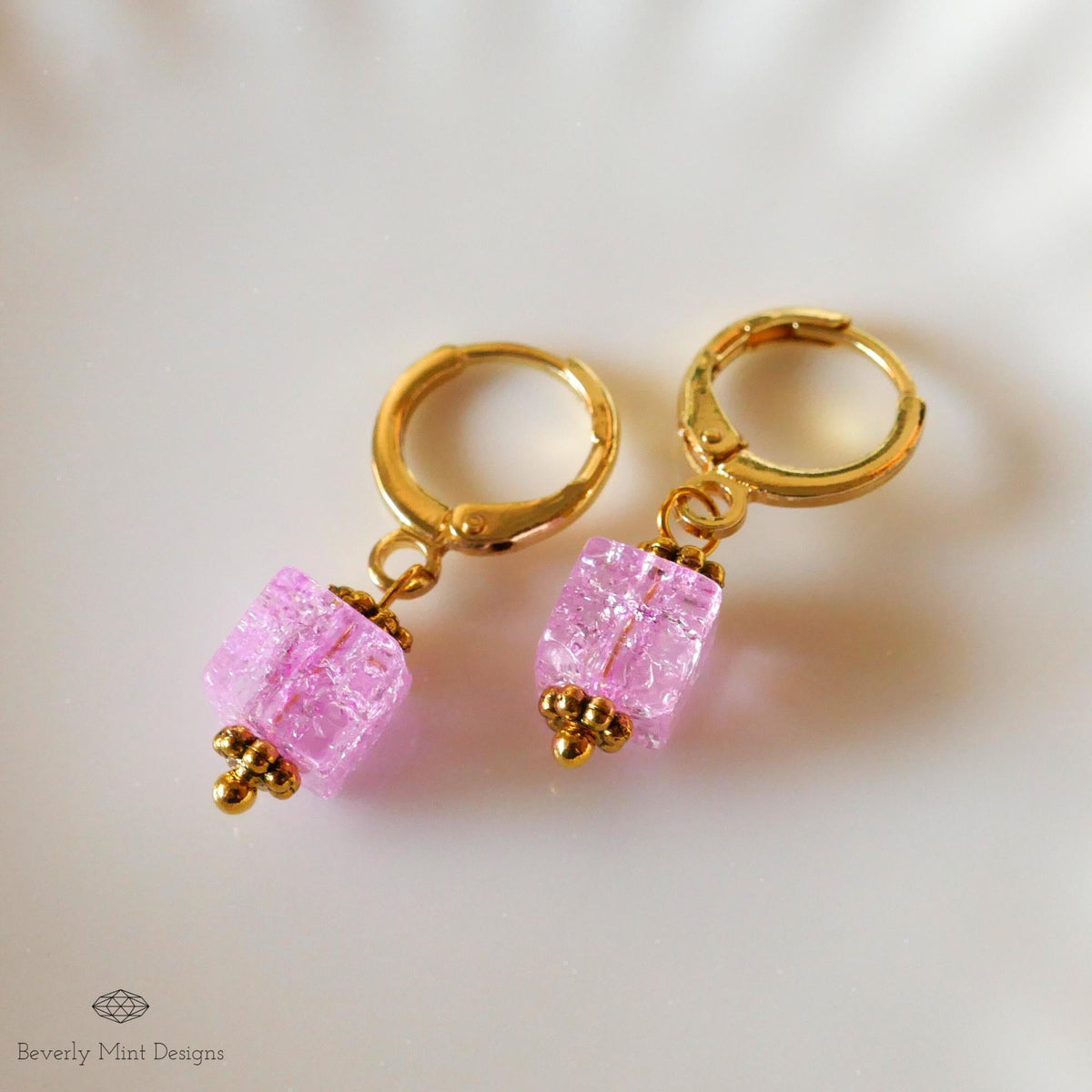 Gold Hoop Earrings, Pink Cubic Bead Earrings, Dangle Earrings, Minimalist Earrings, Light Weight, Sensitive Ear & Clip-On Options
