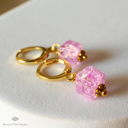 Gold Hoop Earrings, Pink Cubic Bead Earrings, Dangle Earrings, Minimalist Earrings, Light Weight, Sensitive Ear & Clip-On Options