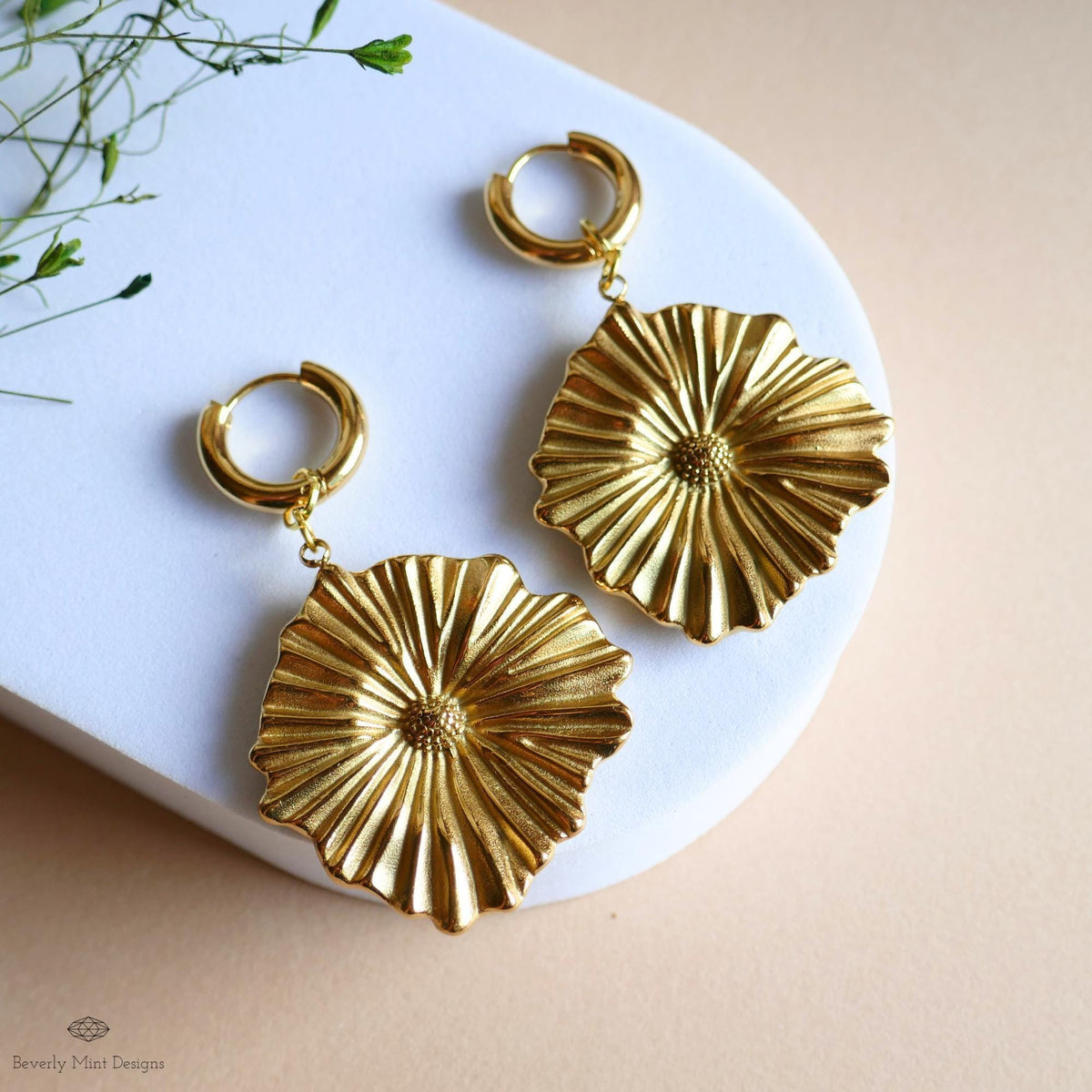 Gold Flower Statement Hoop Earrings, Elegant Weighty Floral Huggie Earrings, Bold Dangle Earrings with Heft,  Nature Inspired Jewelry