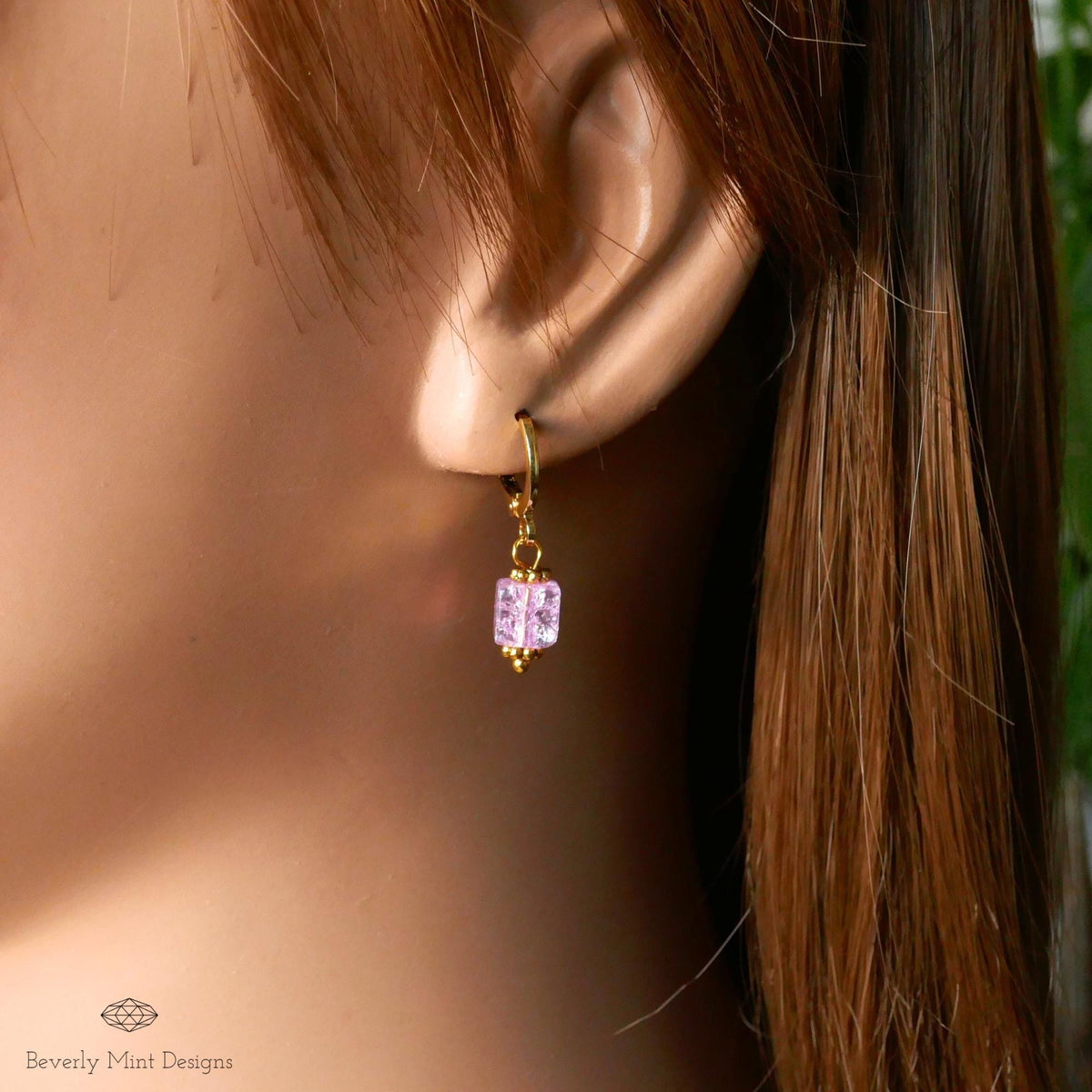 Gold Hoop Earrings, Pink Cubic Bead Earrings, Dangle Earrings, Minimalist Earrings, Light Weight, Sensitive Ear & Clip-On Options