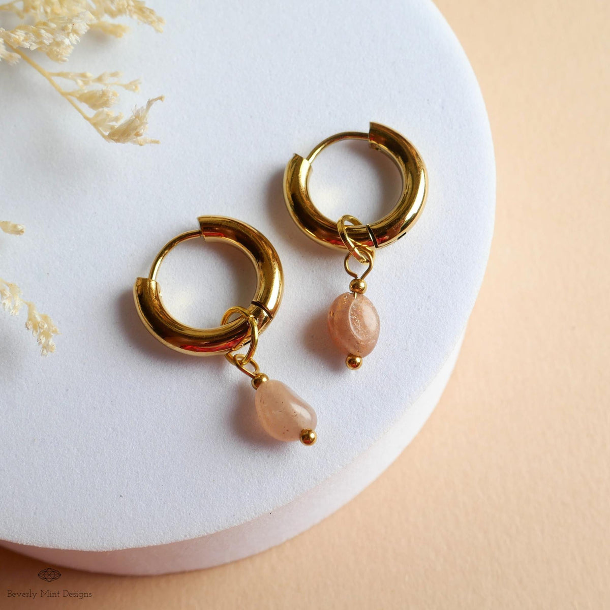 Chunky Huggie Hoop Earrings, Sunstone Drop Earrings, Peach Gemstone Jewelry, Dainty Gold Hoops, Minimalist