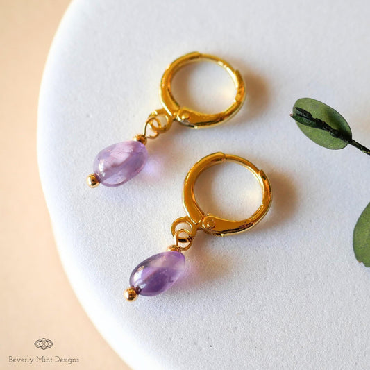 Delicate Gold Hoop Earrings with Amethyst Drops, Minimalist Birthstone Jewelry, Handmade February, Sensitive Ear & Clip-On Options