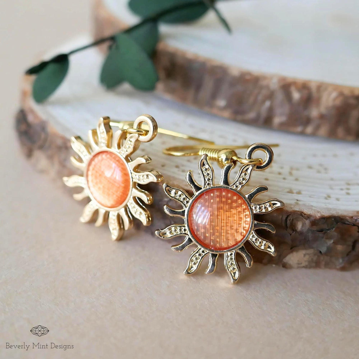 Sun Earrings, 18K Gold Boho Sun Earrings, Orange Earrings, Bohemian Style Earrings, Gold Sunburst Earrings, Sensitive Ear & Clip-On Options