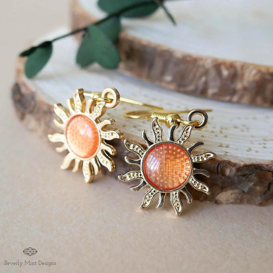 Sun Earrings, 18K Gold Boho Sun Earrings, Orange Earrings, Bohemian Style Earrings, Gold Sunburst Earrings, Sensitive Ear & Clip-On Options