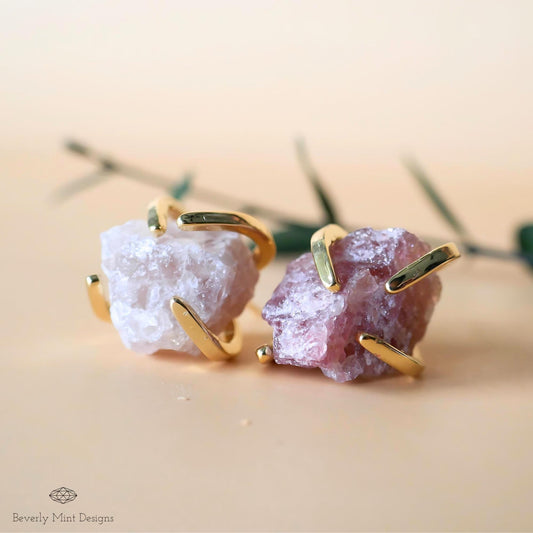 Strawberry Quartz Stud Earrings with 18K Gold, Purple Earrings,  1/2 -3/4 inches, Natural Raw Stone, Chakra Stones