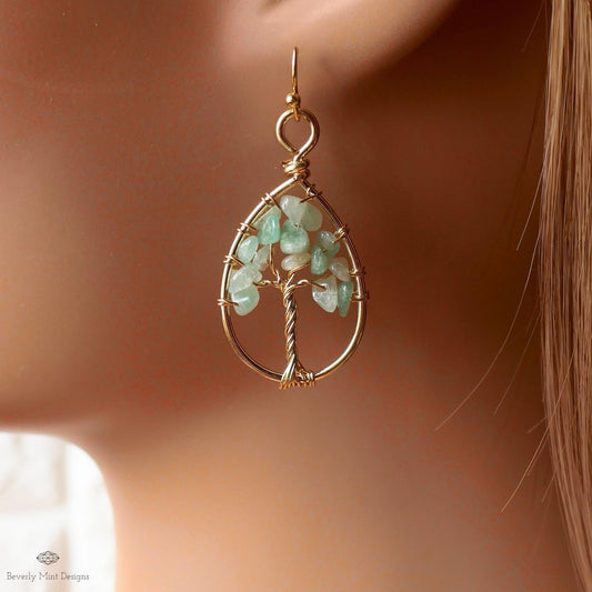Tree of Life Earrings Gold Wire Wrapped Aventurine Natural Stone Dangle Jewelry, Sensitive Ear & Clip-On Options