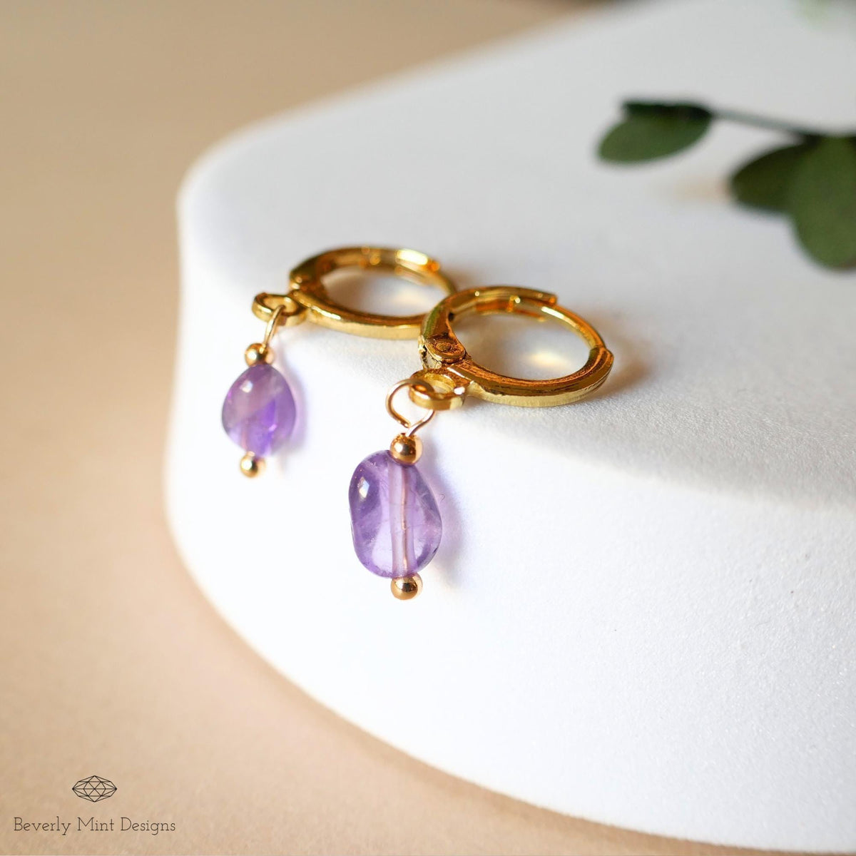 Delicate Gold Hoop Earrings with Amethyst Drops, Minimalist Birthstone Jewelry, Handmade February, Sensitive Ear & Clip-On Options