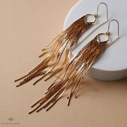 Gold Fringe Earrings Long Tassel Dangle Earrings Statement Chain Earrings Modern Glam Jewelry, Sensitive Ear & Clip-On Options