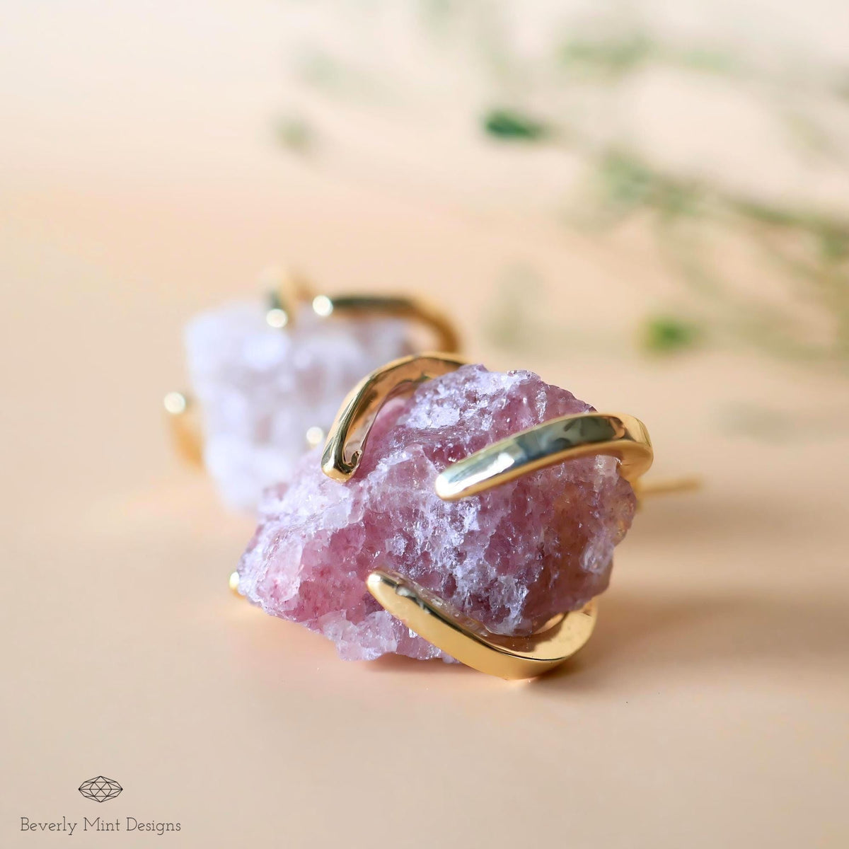 Strawberry Quartz Stud Earrings with 18K Gold, Purple Earrings,  1/2 -3/4 inches, Natural Raw Stone, Chakra Stones