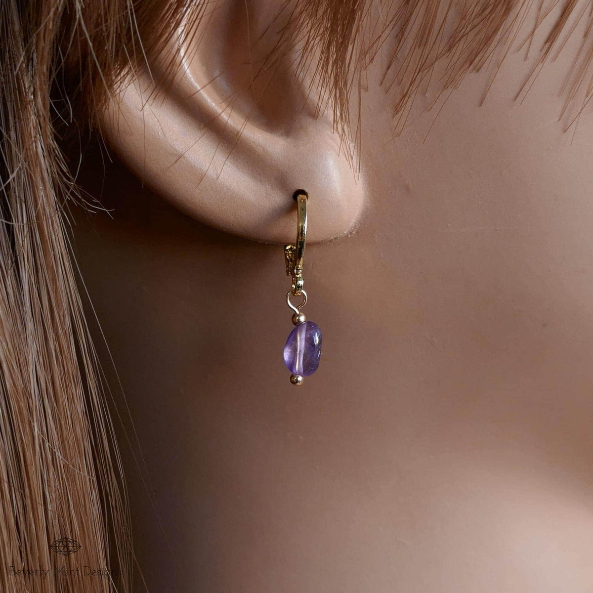 Delicate Gold Hoop Earrings with Amethyst Drops, Minimalist Birthstone Jewelry, Handmade February, Sensitive Ear & Clip-On Options