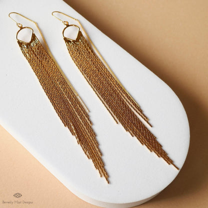 Gold Fringe Earrings Long Tassel Dangle Earrings Statement Chain Earrings Modern Glam Jewelry, Sensitive Ear & Clip-On Options