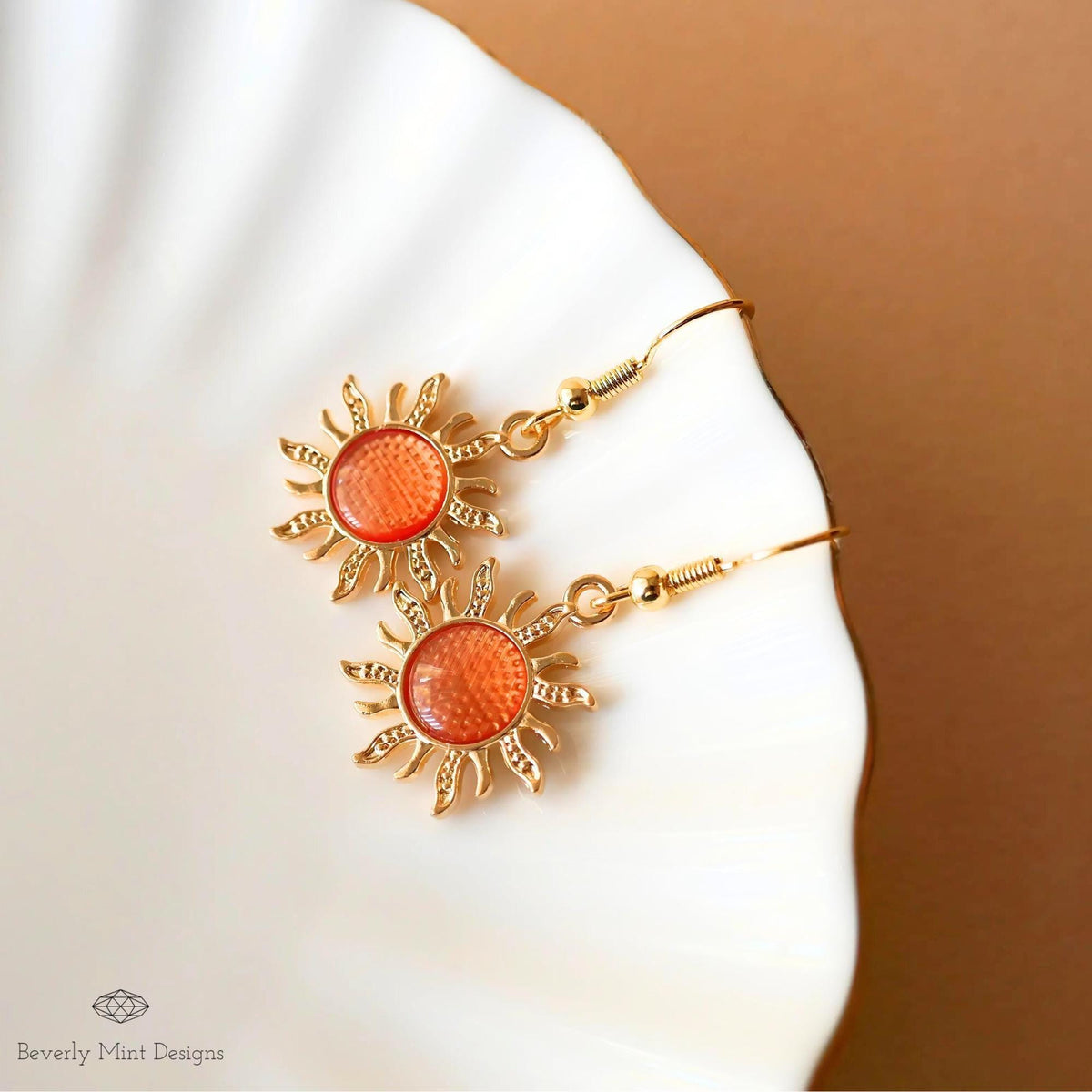 Sun Earrings, 18K Gold Boho Sun Earrings, Orange Earrings, Bohemian Style Earrings, Gold Sunburst Earrings, Sensitive Ear & Clip-On Options