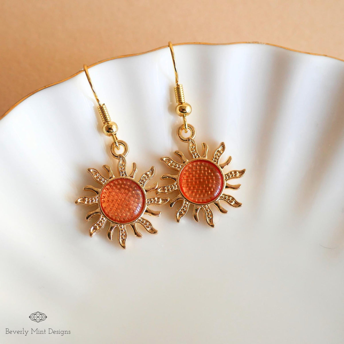 Sun Earrings, 18K Gold Boho Sun Earrings, Orange Earrings, Bohemian Style Earrings, Gold Sunburst Earrings, Sensitive Ear & Clip-On Options